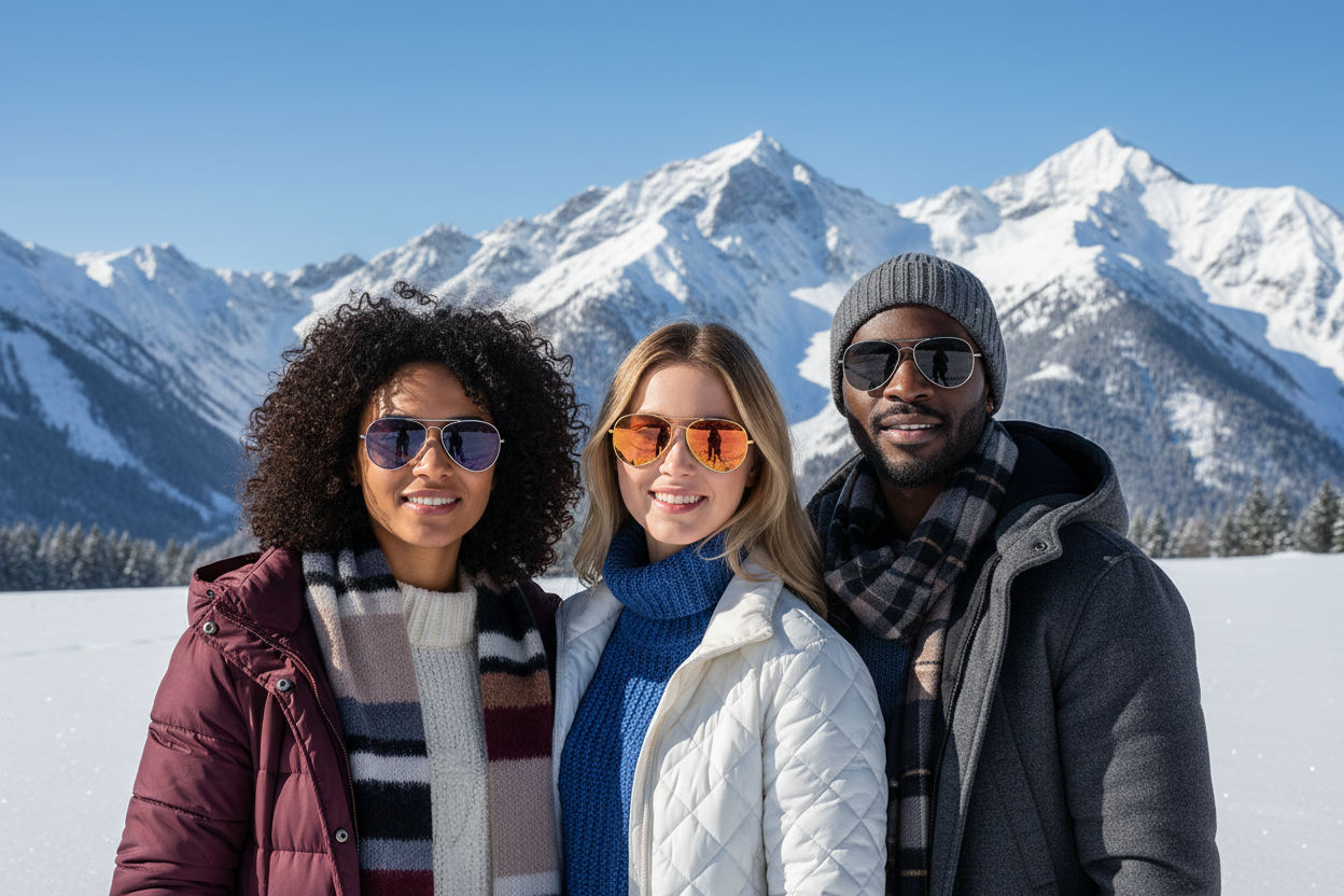 I need a banner image, with 3 different models 2 female 1 male showing a winter theme and wearing Glasses of Rayben Aviator classic style in purple lens and sunset orange lens color and blacn lens color without any logo on lens. Show mountains and winter vibe. 